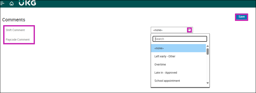 Shift Comment and Paycode Comment options highlighted in the Seed admin portal.